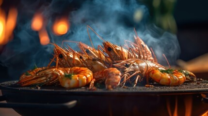 Raw giant river prawn with cheese placed on top of the shrimp for deliciousness grilled on the flaming grill.