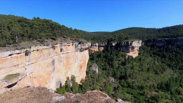 Beautiful panoramic view from the top of a gorge in the Serrania de Cuenca or mountain range, hiking La Raya and El Escaleron trail, in Una, Spain