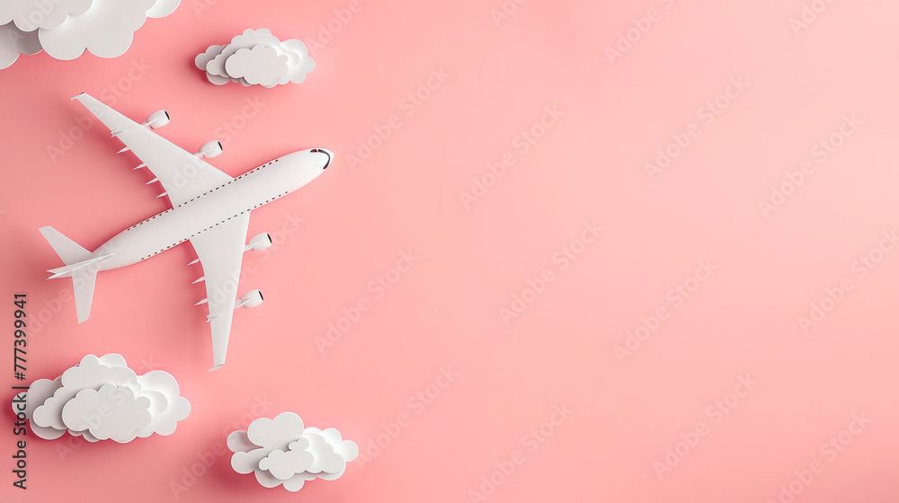 Poster a paper airplane and clouds on a pink background, symbolizing travel concept, generative ai. generat