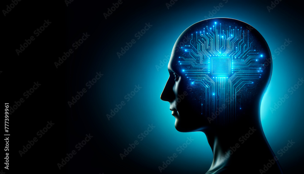 Poster Silhouette of a human head with a circuit board pattern illuminating from within on a dark blue background, concept of artificial intelligence. Generative AI