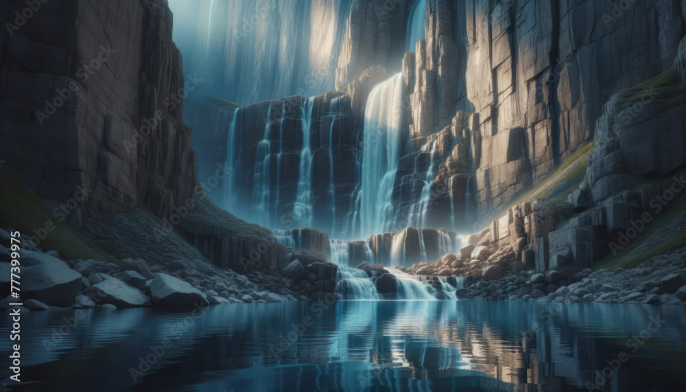 Poster a serene waterfall cascading down rocky cliffs into a tranquil lake, with sunlight filtering through