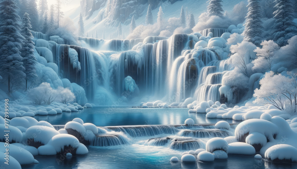 Aufkleber a serene winter landscape with snow-covered trees and cascading waterfalls on a light background, em