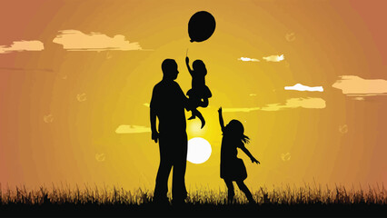 Father and Daughter Enjoying Sunset with Balloon: Royalty-Free Vector Illustration