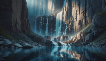 A serene waterfall cascading down rocky cliffs into a tranquil lake, with sunlight filtering...