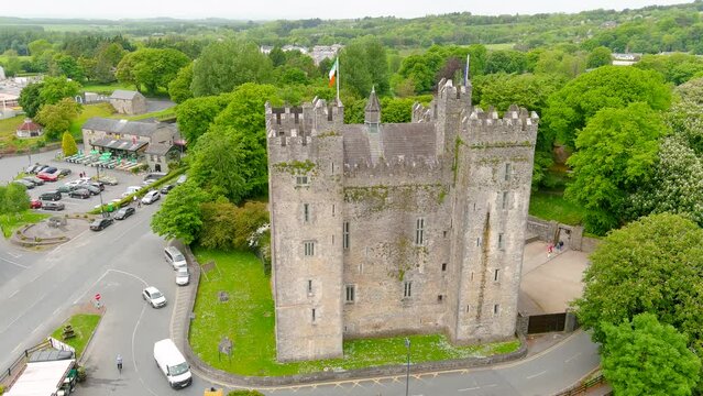 Bunratty Castle, aerial orbit view of the large 15th-century tower house in County Clare, located in the center of Bunratty village, between Limerick and Ennis, Ireland.