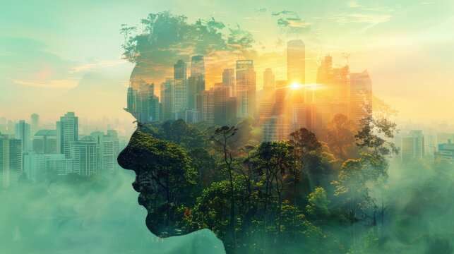 a double exposure image depicting a futuristic cityscape blending seamlessly into lush, green landscapes