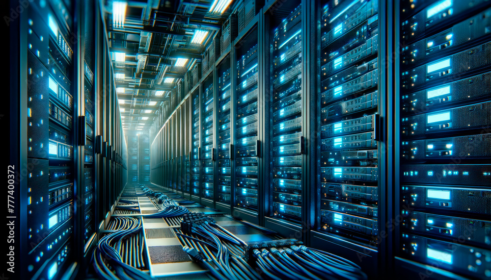 Poster A modern data center with rows of server racks, illuminated with blue lights against a dark background, showcasing technology. Generative AI