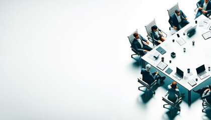 Business professionals in a meeting around a table on a white background, concept of teamwork and strategy. Generative AI