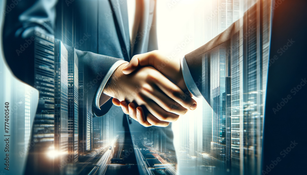 Poster two professionals shaking hands in front of a cityscape background, symbolizing a business partnersh