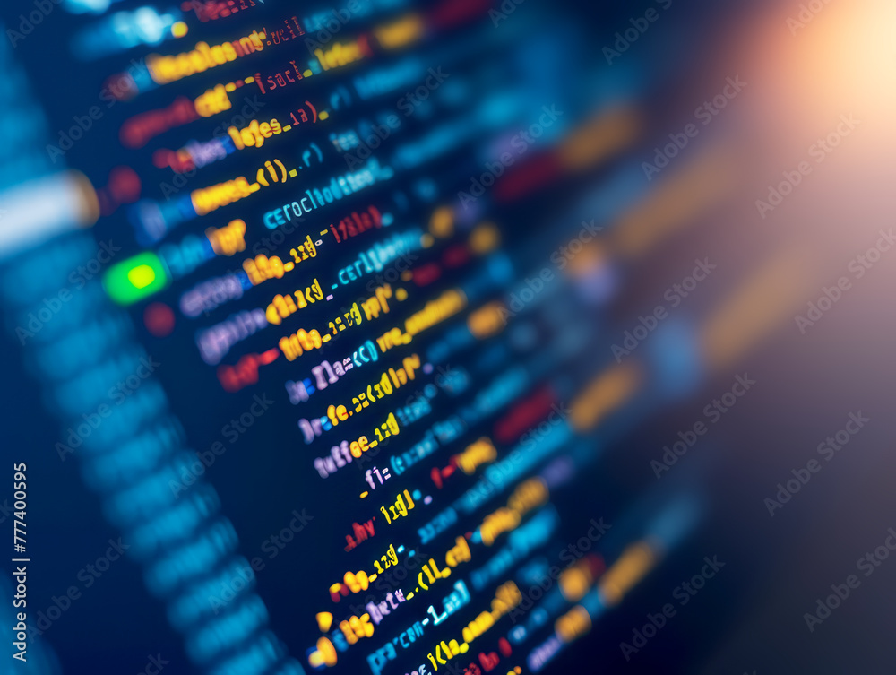Fototapete Close-up of programming code on a screen with a blurred effect, evoking a concept of software development on a dark background, Generative AI. Generative AI