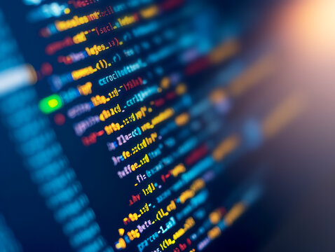 Close-up of programming code on a screen with a blurred effect, evoking a concept of software development on a dark background, Generative AI. Generative AI