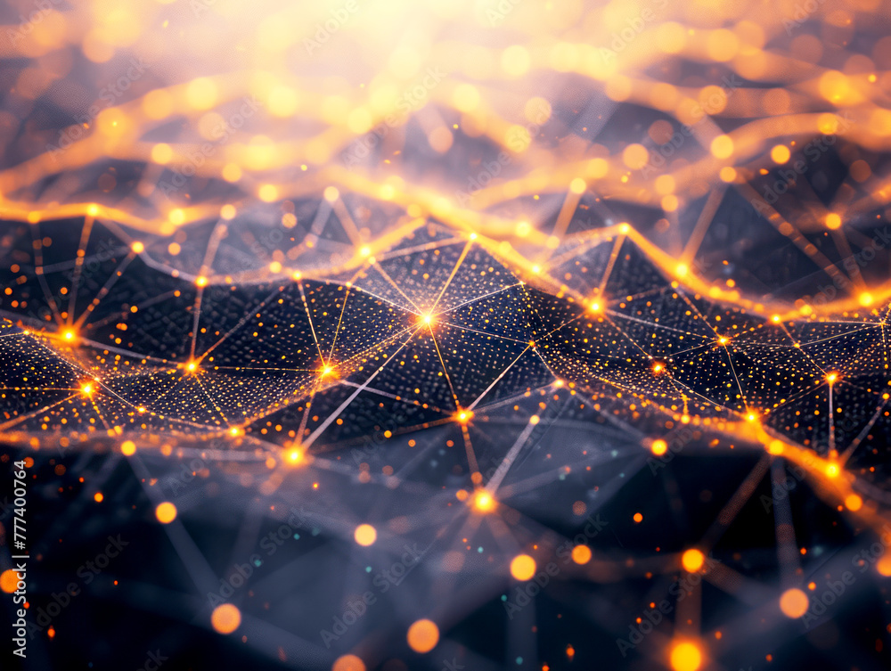 Poster abstract network connections with glowing dots and lines on a dark blue background, concept of digit