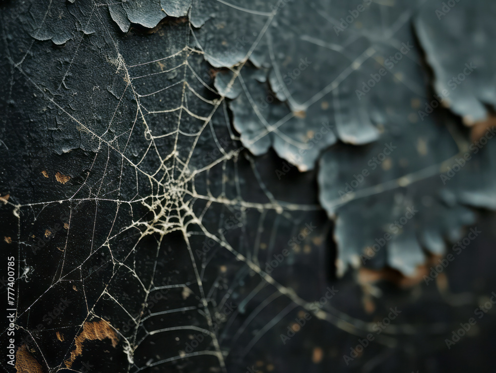 Poster Close-up of a spider web on a textured surface, ominous and dark background, concept of decay. Generative AI