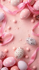 Pastel pink Easter eggs with polka dots and ribbon on a textured background
