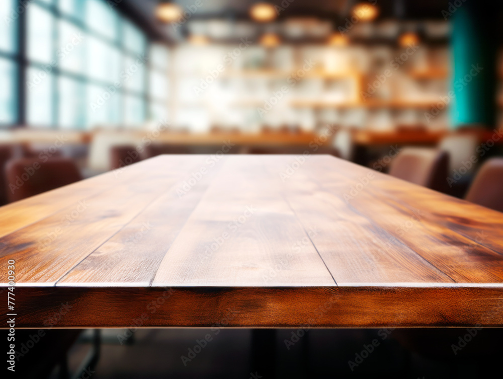Poster an empty wooden table with a blurred restaurant interior in the background, displaying a warmth and 