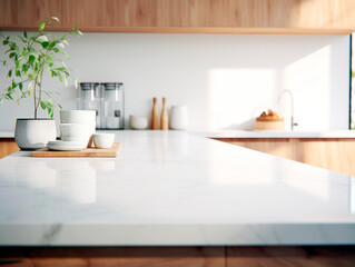 Fototapeta na wymiar Modern kitchen interior with marble countertop and ceramic dishes, wooden accents, concept of clean design. Generative AI