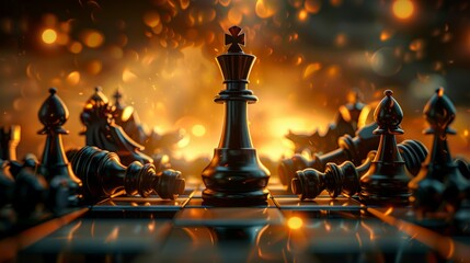 Black king winner surrounded with black gold chess pieces on chess board game competition. concept strategy, leadership and success business, - obrazy, fototapety, plakaty