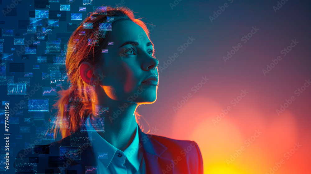 Poster a woman in neon light with futuristic holographic diagrams floating around, against a dark technolog