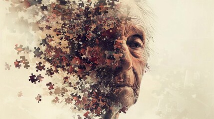 Human head made of disintegrating puzzle pieces, symbolizing the fragmentation of memory and identity in Alzheimers disease