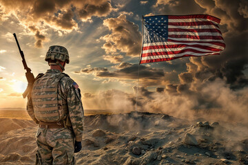 American soldier standing with flag against a dramatic sunset sky