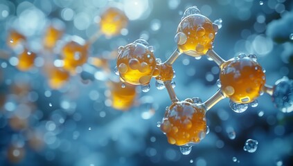 A closeup of an amber molecule with water drops on it, resembling liquid on a plant. The macro photography captures the electric blue hues beautifully