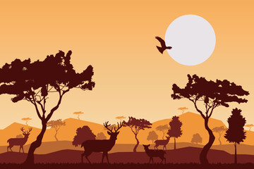 Safari animals silhouette at sunset, vector