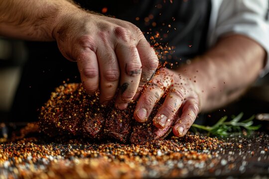 A close-up of a chefs hands massaging a dry rub into a beef roast before slow cooking