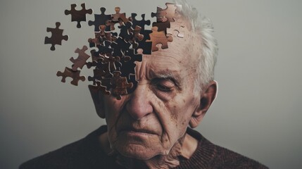 Human head made of disintegrating puzzle pieces, symbolizing the fragmentation of memory and identity in Alzheimers disease