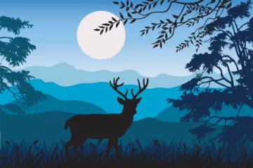 Foto op Canvas illustration with trees and deer silhouettes © Rezki Ramayani