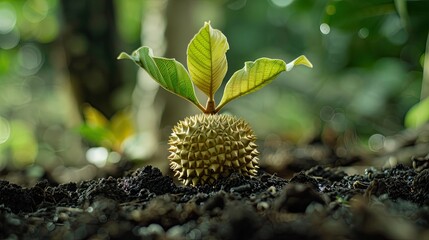 A durian seed germinating with a focus on the beginning of life and growth of the notorious fruit - obrazy, fototapety, plakaty