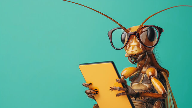 Insekten Tiere Käfer Heuschrecke Spinne Grashüpfer Ameise vor einem Laptop mit Handy Digitalisierung lustig dargestellt freigestellt und isoliert einfarbiger Hintergrund Fernunterricht Generative AI