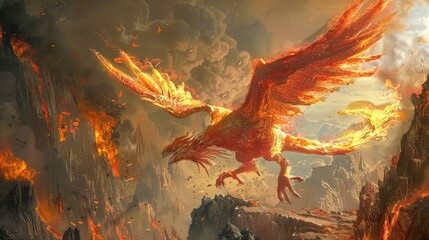 A spirited gryphon with a mane of flames executing an exhilarating leap over a volcanic crater - obrazy, fototapety, plakaty