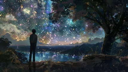 Deurstickers Anime character stands forest's edge looking out sparkling star-filled landscape twilight illustration © Nadya