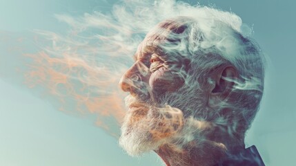 Elderly face fading away into mist and smoke progressive loss of memory and identity associated with Alzheimers disease - 777402519