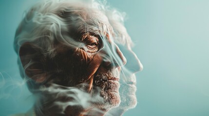 Elderly face fading away into mist and smoke progressive loss of memory and identity associated with Alzheimers disease - 777402544