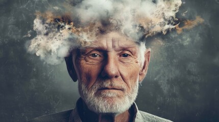 Elderly face fading away into mist and smoke progressive loss of memory and identity associated with Alzheimers disease - obrazy, fototapety, plakaty