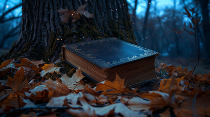 A closed book is lying under an old oak tree, autumn leaves are around, moonlight is visible at...