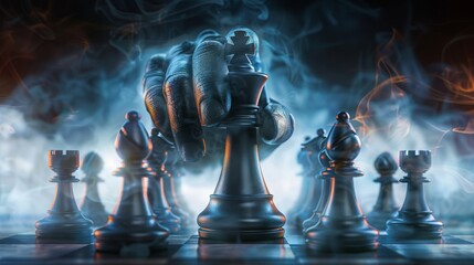 A chess piece in a hand checks and checkmates an opponent in a logic game. Created with AI
