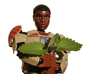 Naklejka premium LEGO Star Wars large action figure of rebel and former stormtrooper, Force sensitive Finn, showing fresh spring leaves of Catnip plant, latin name Nepeta Cataria, in his left hand. 