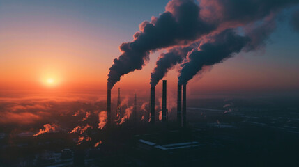 industrial smokestacks emitting dark plumes of pollution into the atmosphere - obrazy, fototapety, plakaty