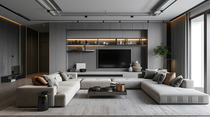 Bright moody beautiful interior design living room with low sofa marble accent professionally styled minimal modern penthouse loft. - obrazy, fototapety, plakaty