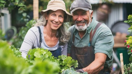 Senior couple smiling in a garden with fresh vegetables.