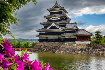 Ancient Japanese Castle behind colorful spring flowers (Matsumoto) - obrazy, fototapety, plakaty