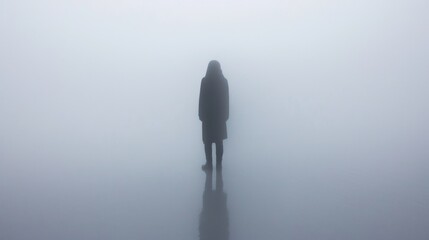 Lone figure standing isolated in a fog symbolizing the profound sense of loneliness and disconnection being lost in life - 777403714