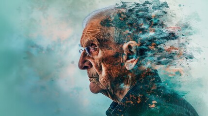 Elderly face progressive loss of memory and identity associated with Alzheimers disease - obrazy, fototapety, plakaty