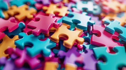 A pile of colorful jigsaw puzzle pieces - 777403762