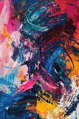 Abstract acrylic paint strokes and splashes in blue, pink, and yellow on canvas.