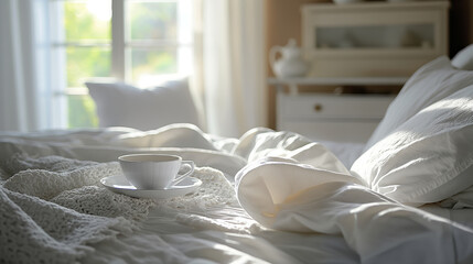 Fototapeta na wymiar Bed with white bedding in the morning and cup of hot coffee on the tray. Bedroom lit by sunlight in the morning.