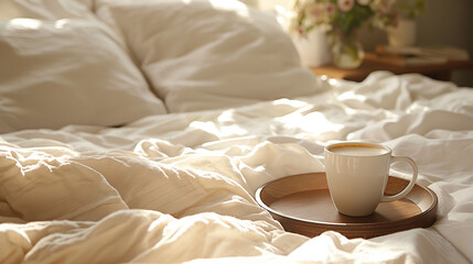 Fototapeta na wymiar Bed with white bedding in the morning and cup of hot coffee on the tray. Bedroom lit by sunlight in the morning.