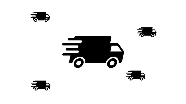 Zoom in and out animation the delivery symbol. Large black symbol in the center and four small symbols around. Seamless looped 4k animation on white background